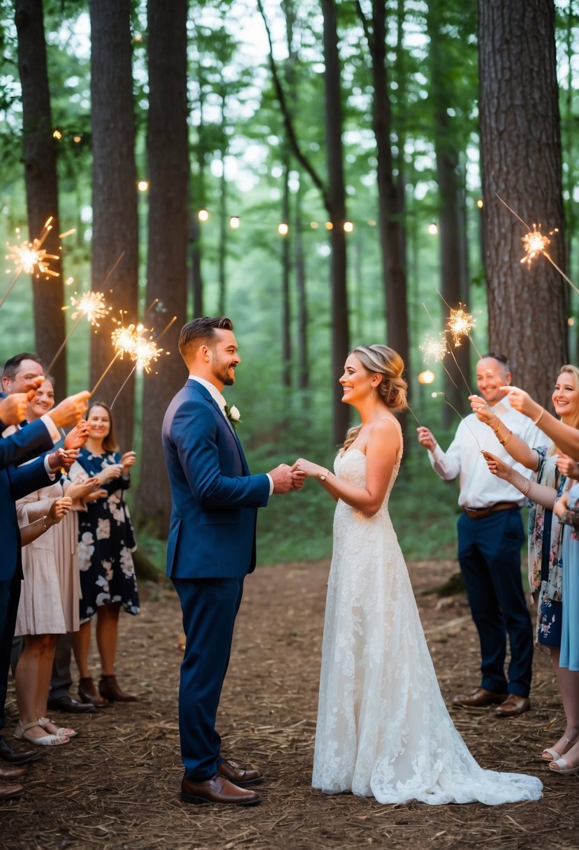 A couple exchanging vows in a forest clearing, surrounded by friends and family holding sparklers. Fairy lights and lanterns illuminate the non-traditional ceremony