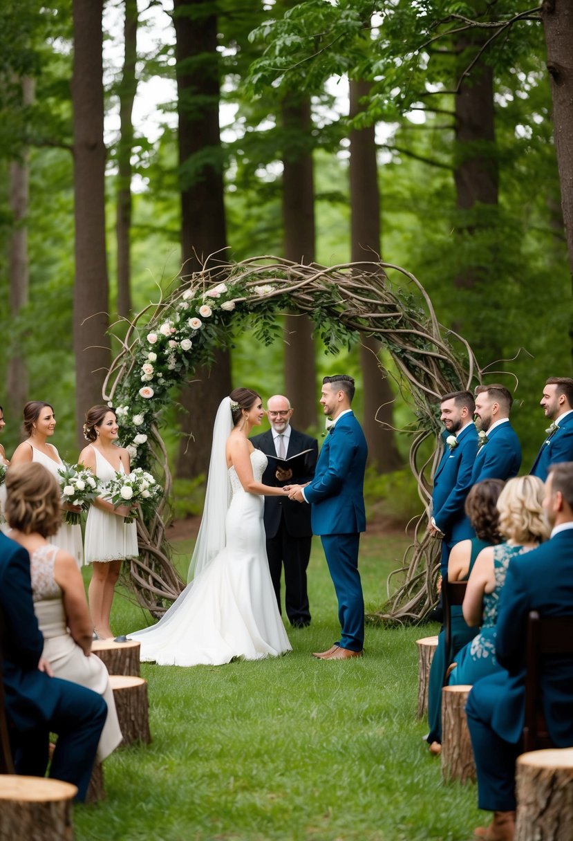 A wedding ceremony taking place in a lush forest clearing, with guests seated on tree stumps and the couple exchanging vows under a natural archway of intertwined branches and flowers