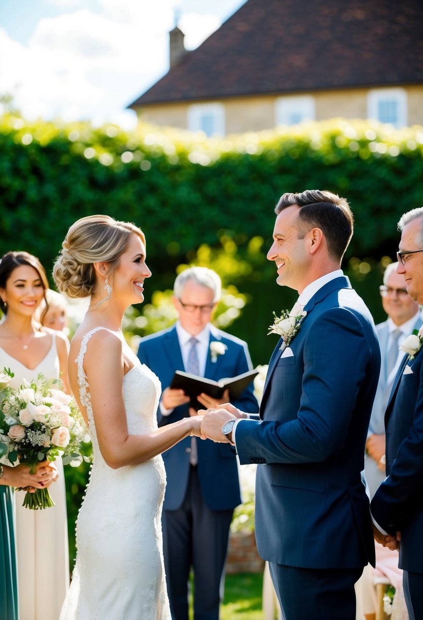 A bride and groom exchanging vows in a garden ceremony, surrounded by close family and friends