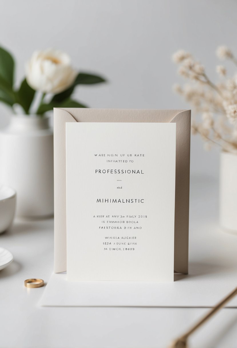 A minimalistic invitation card with elegant design and neutral colors, placed on a clean, uncluttered surface