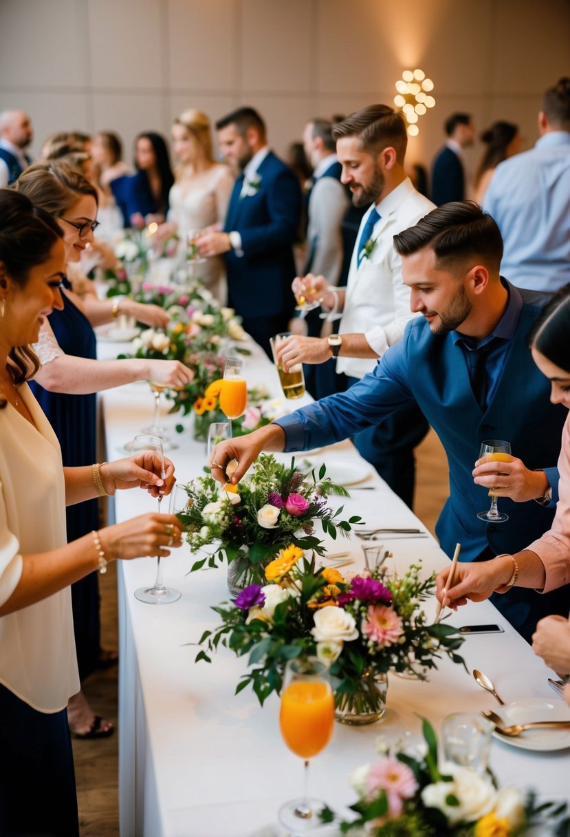 Guests engage in interactive stations: DIY flower arranging, custom cocktail mixing, and collaborative art creation. A lively and non-traditional wedding celebration