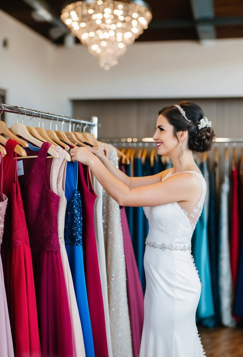 A bride selecting a dress from a rack of various styles and colors