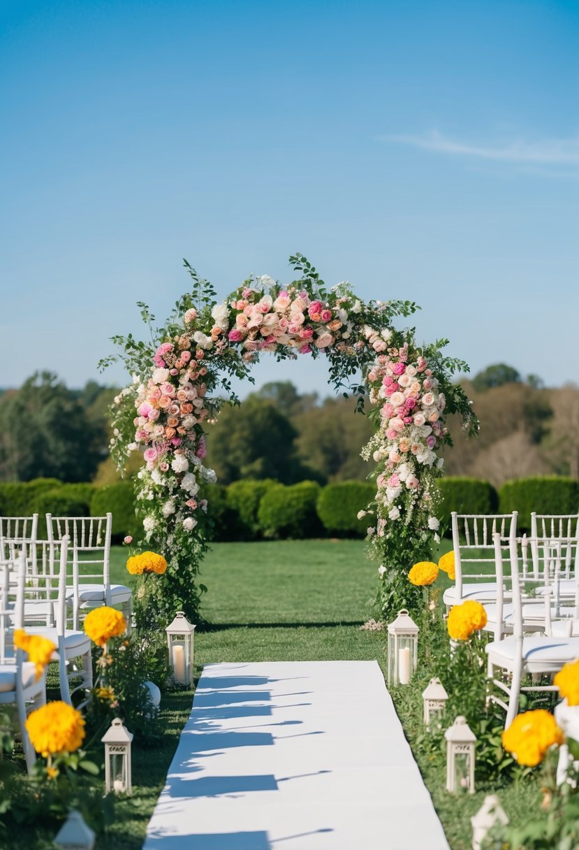 A vibrant outdoor wedding ceremony with a floral arch, lush greenery, and elegant seating arrangements. Sunshine and blue skies set the scene