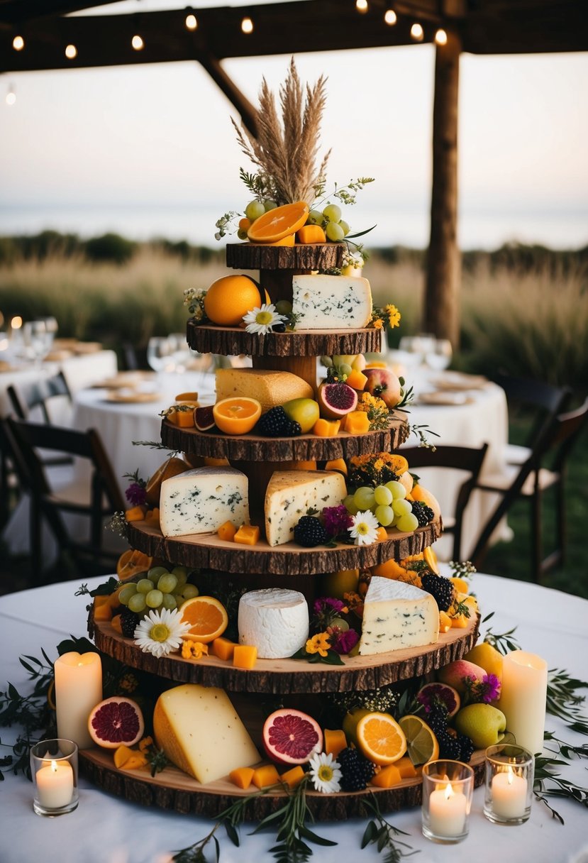 A tiered display of artisanal cheeses and fresh fruit, adorned with wildflowers and candles, stands as the centerpiece of a bohemian wedding reception