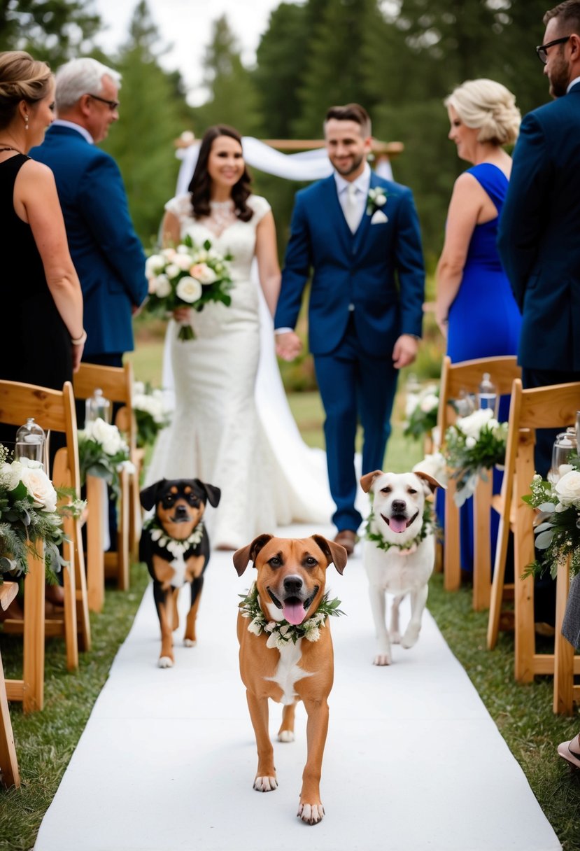 Pets walk down the aisle with flower collars as the couple exchanges vows in a non-traditional wedding ceremony