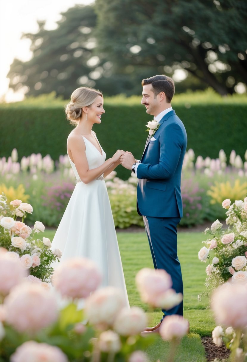 A couple exchanging vows in a serene garden, surrounded by soft pastel flowers and a gentle breeze