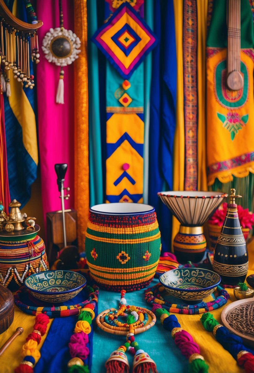 A vibrant fusion of cultural symbols and decor from around the world, including colorful textiles, traditional musical instruments, and unique ceremonial elements