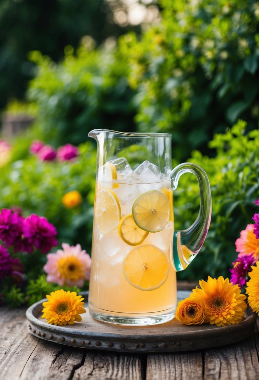 A glass pitcher filled with ice-cold drinks sits on a rustic wooden table, surrounded by vibrant, blooming flowers and lush greenery