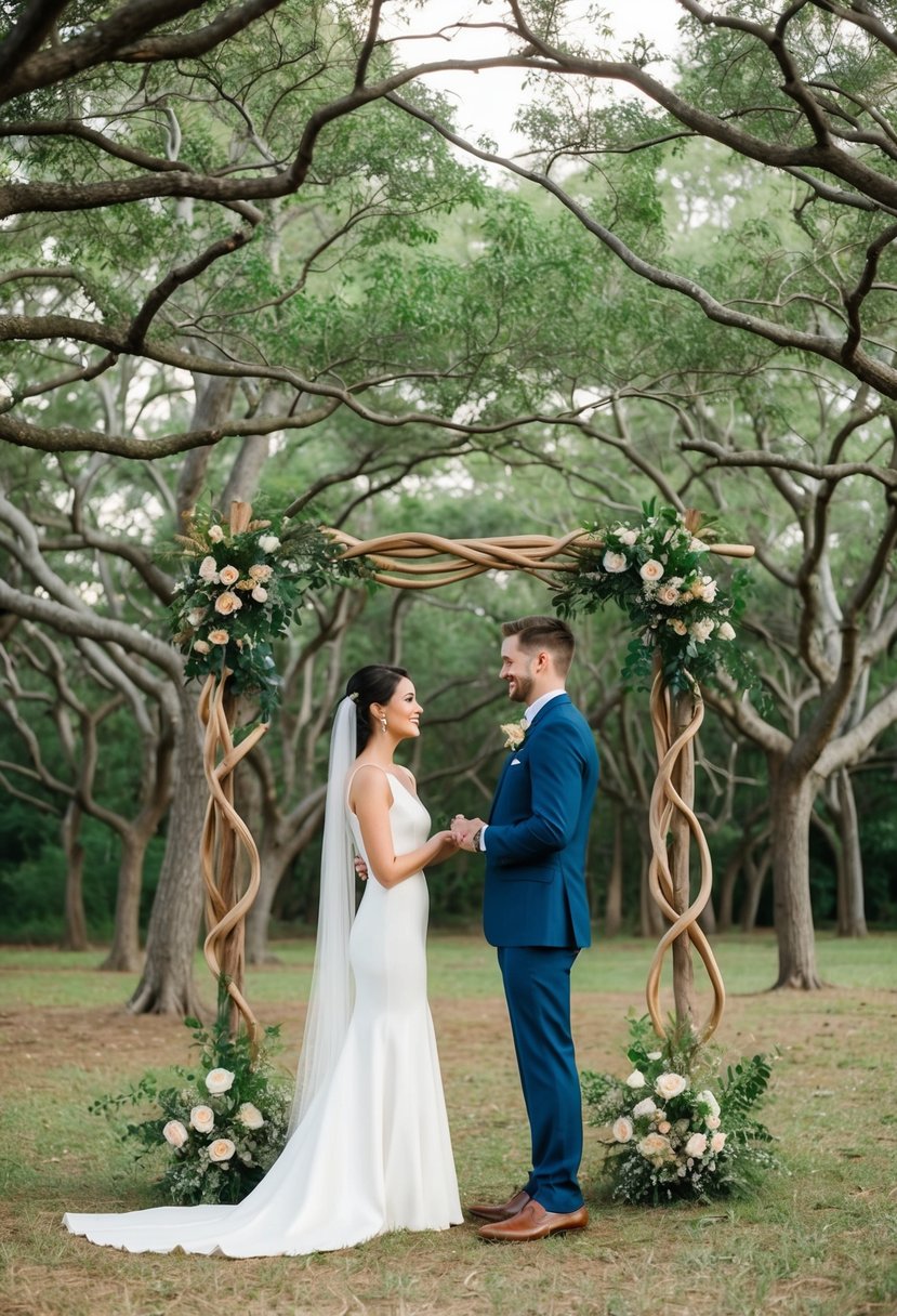 A couple standing beneath a canopy of intertwined branches, exchanging vows in a serene forest clearing