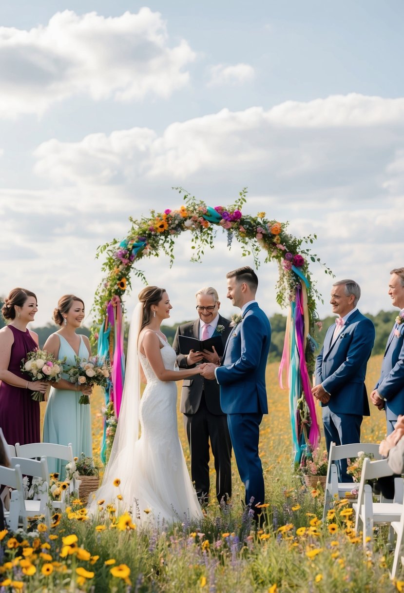 A couple standing in a field of wildflowers, surrounded by friends and family, exchanging vows under a colorful archway made of ribbons and hanging flowers