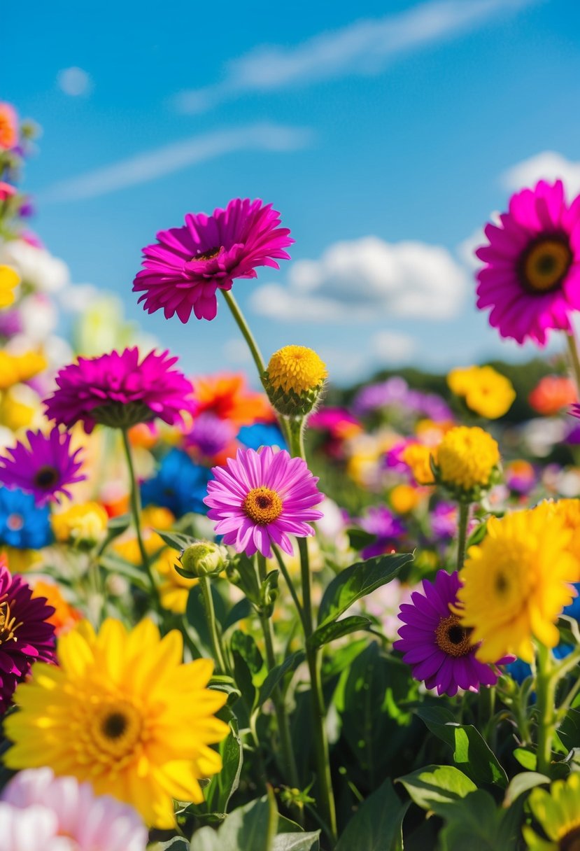 A vibrant scene of a summer wedding with bold colors, featuring blooming flowers, a bright blue sky, and a lively outdoor setting