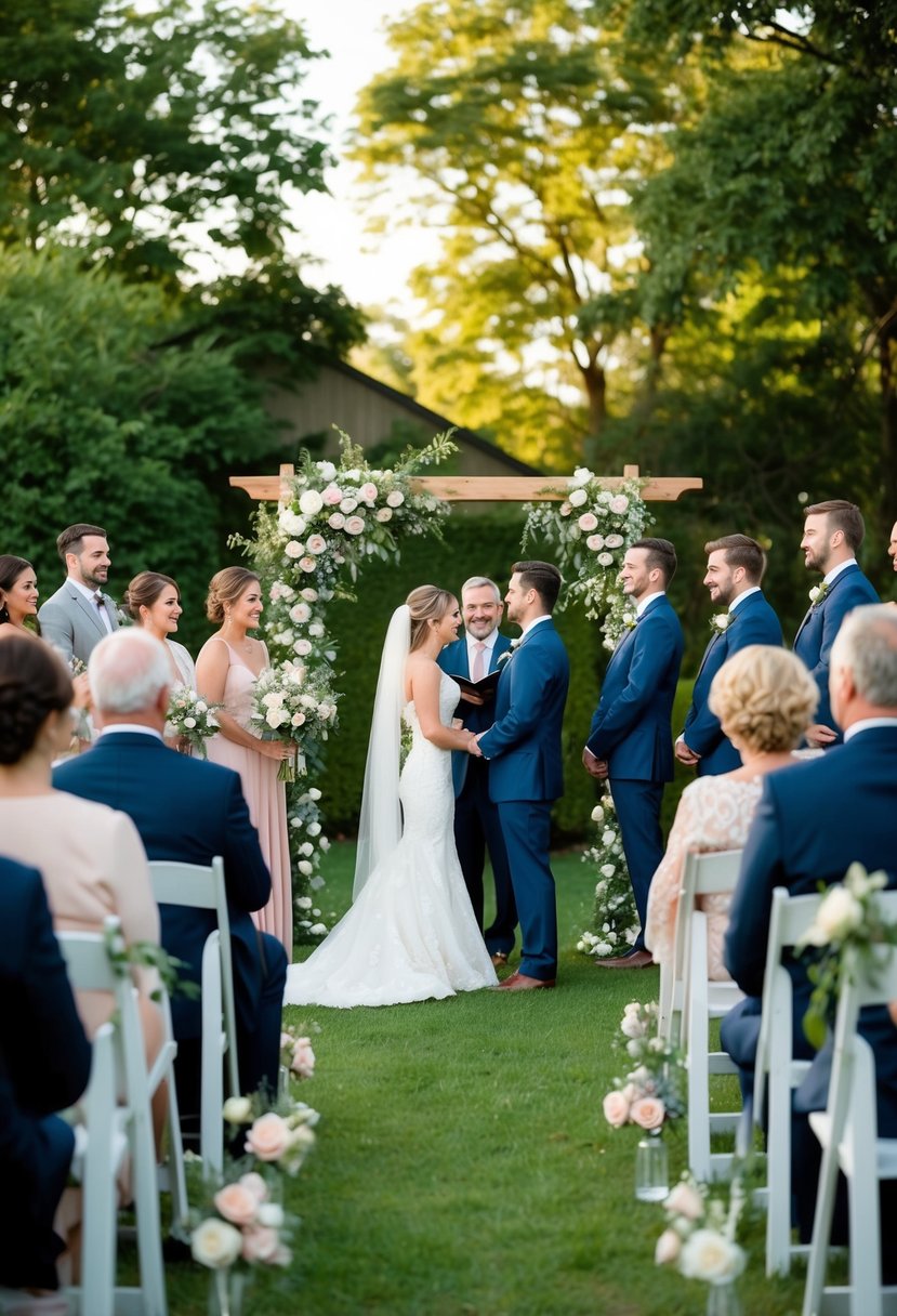 A cozy backyard wedding with a small guest list, featuring an intimate outdoor ceremony under a floral archway