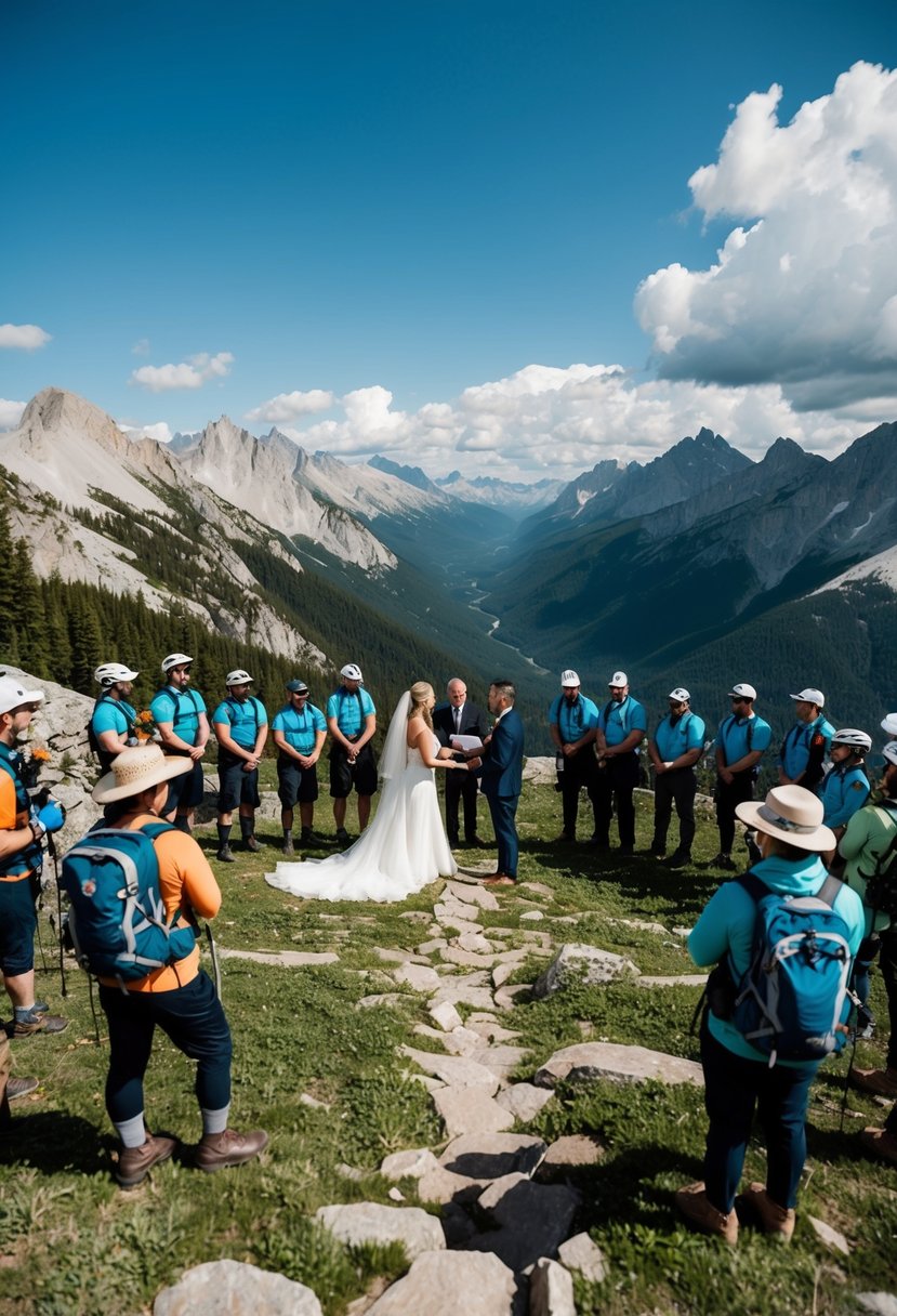 An outdoor wedding ceremony on a mountaintop with guests in hiking gear, surrounded by breathtaking scenery and adventurous activities