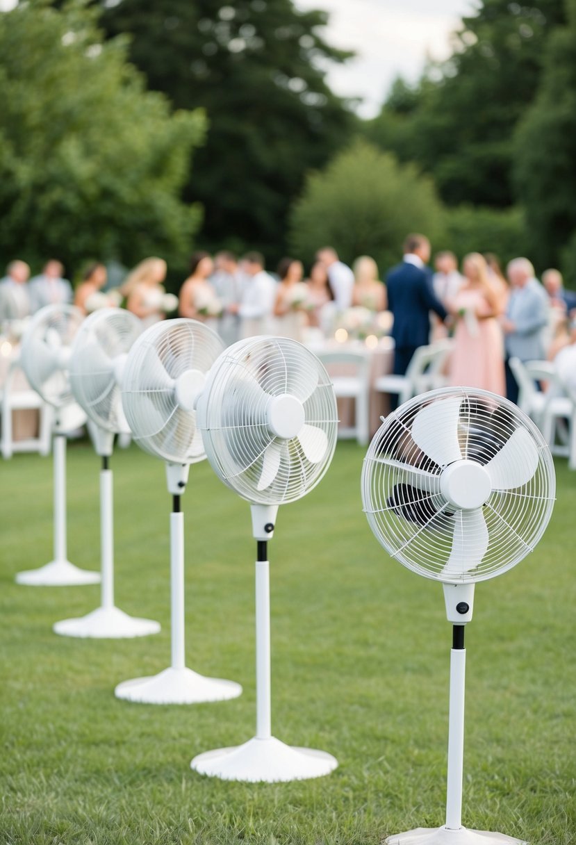 Several outdoor fans placed strategically around a wedding venue, blowing cool air to keep guests comfortable in the summer heat