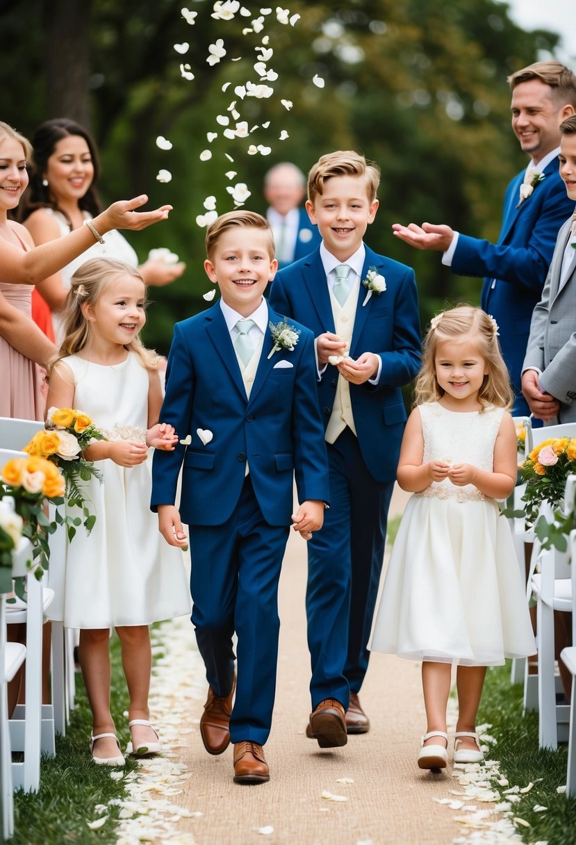 Children stand beside the couple, tossing flower petals as they walk down the aisle. Their joyful faces add warmth to the ceremony