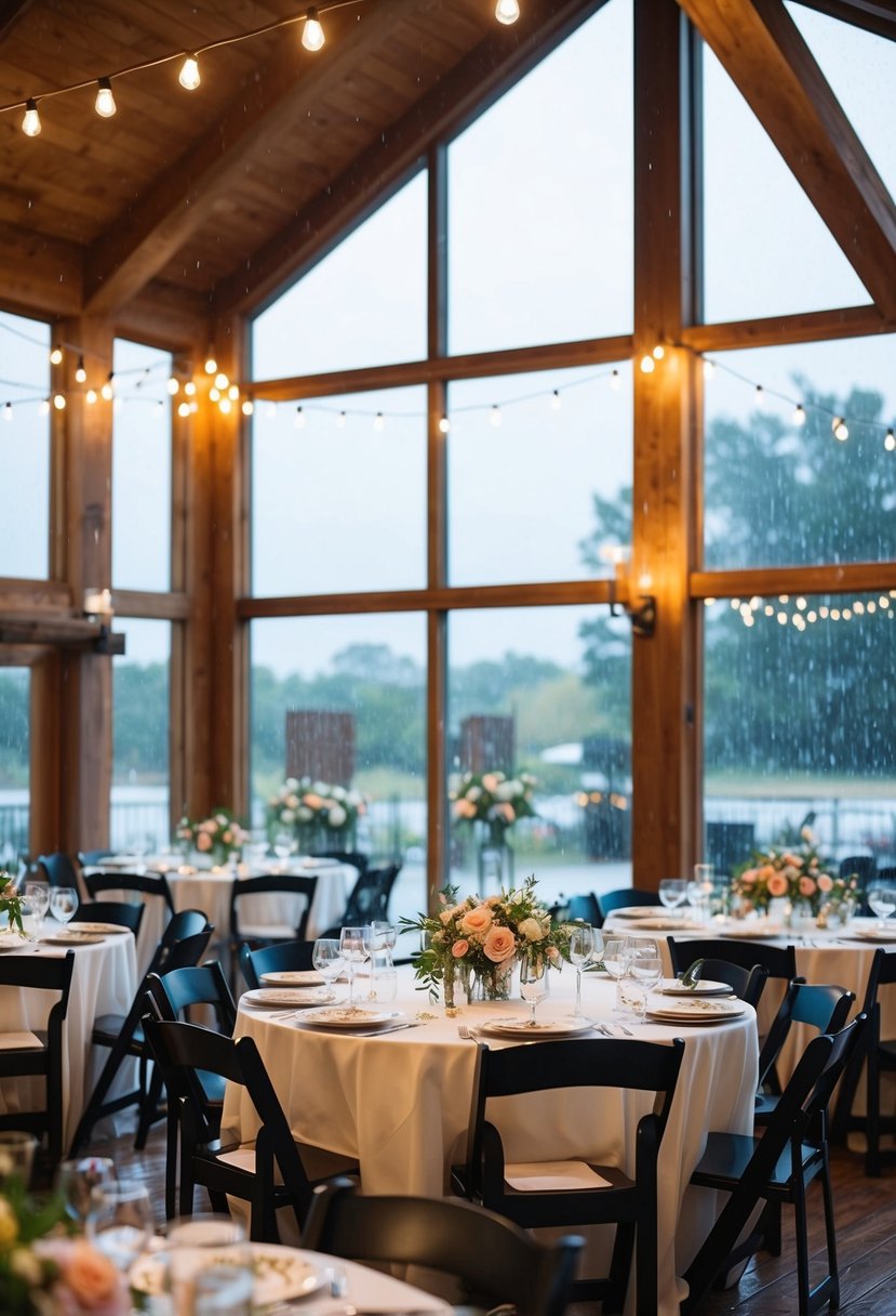 A cozy indoor venue with large windows, string lights, and elegant decor. Tables set with floral centerpieces and place settings. A view of the rain outside