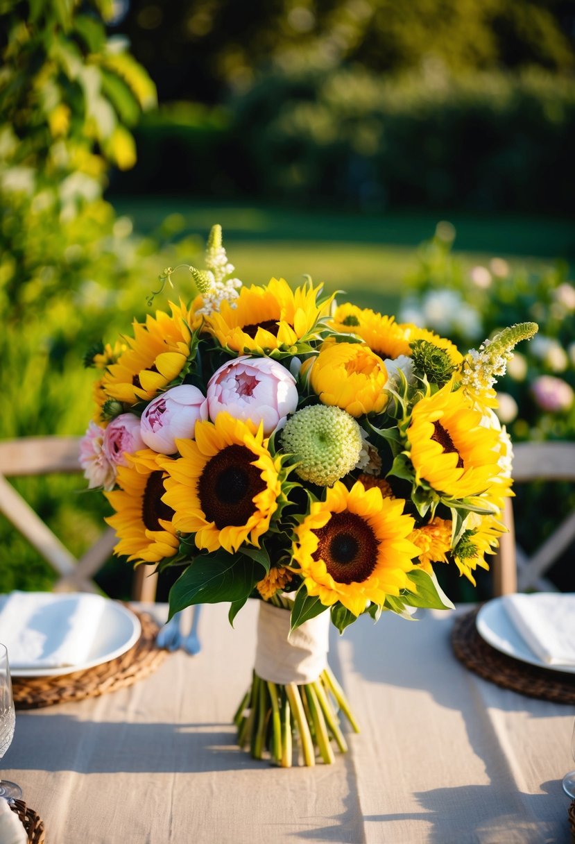 A vibrant bouquet of sunflowers and peonies adorns a rustic wedding table, set against a backdrop of lush greenery and warm summer sunlight