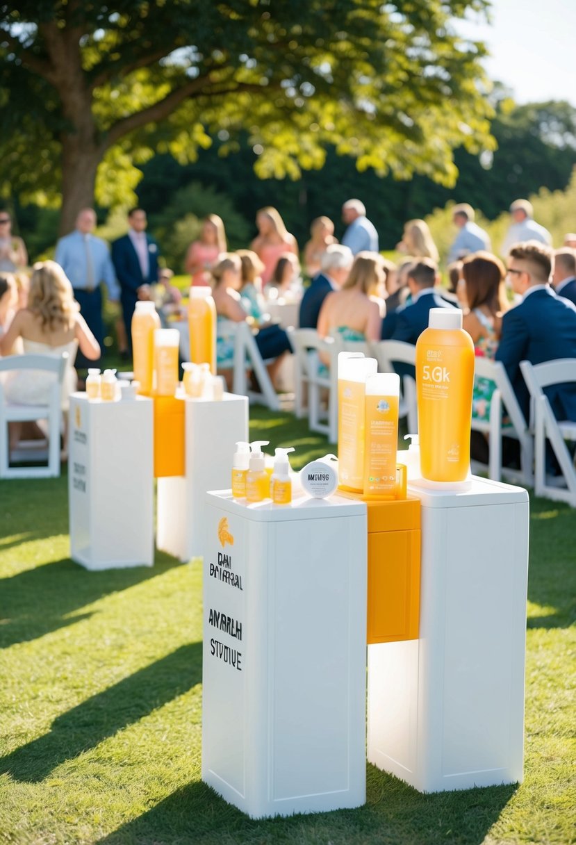 A sunny outdoor wedding venue with multiple sunscreen stations set up for guests