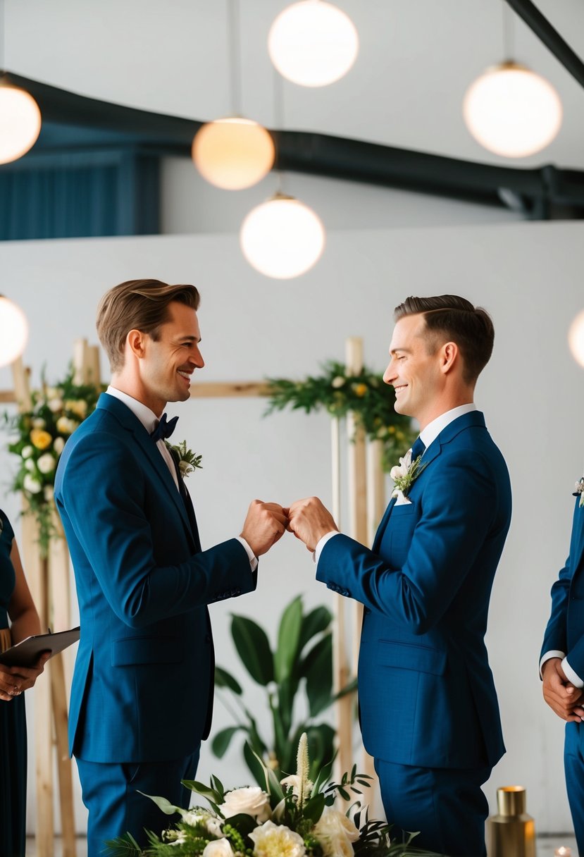 A couple exchanging vows in a modern, non-traditional setting, surrounded by unconventional decor and elements