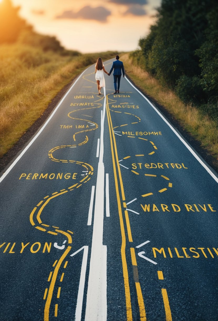 A couple's intertwined paths leading to a shared destination, depicted through a winding road with personalized milestones along the way