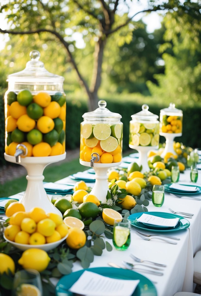 A table adorned with lemon and lime centerpieces, citrus garlands, and fruit-infused water dispensers at a summer wedding