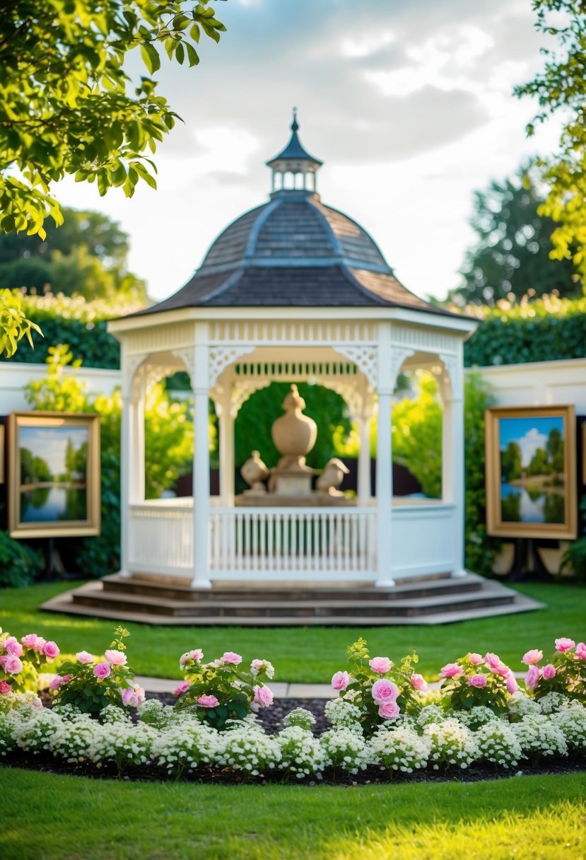 A serene garden with blooming flowers and a charming gazebo, or an elegant art gallery with beautiful paintings and sculptures