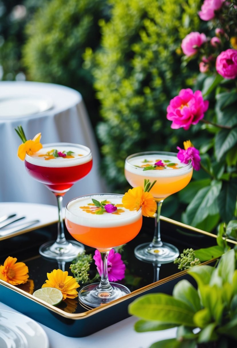 A table setting with colorful, garnished cocktails on a tray, surrounded by lush greenery and blooming flowers