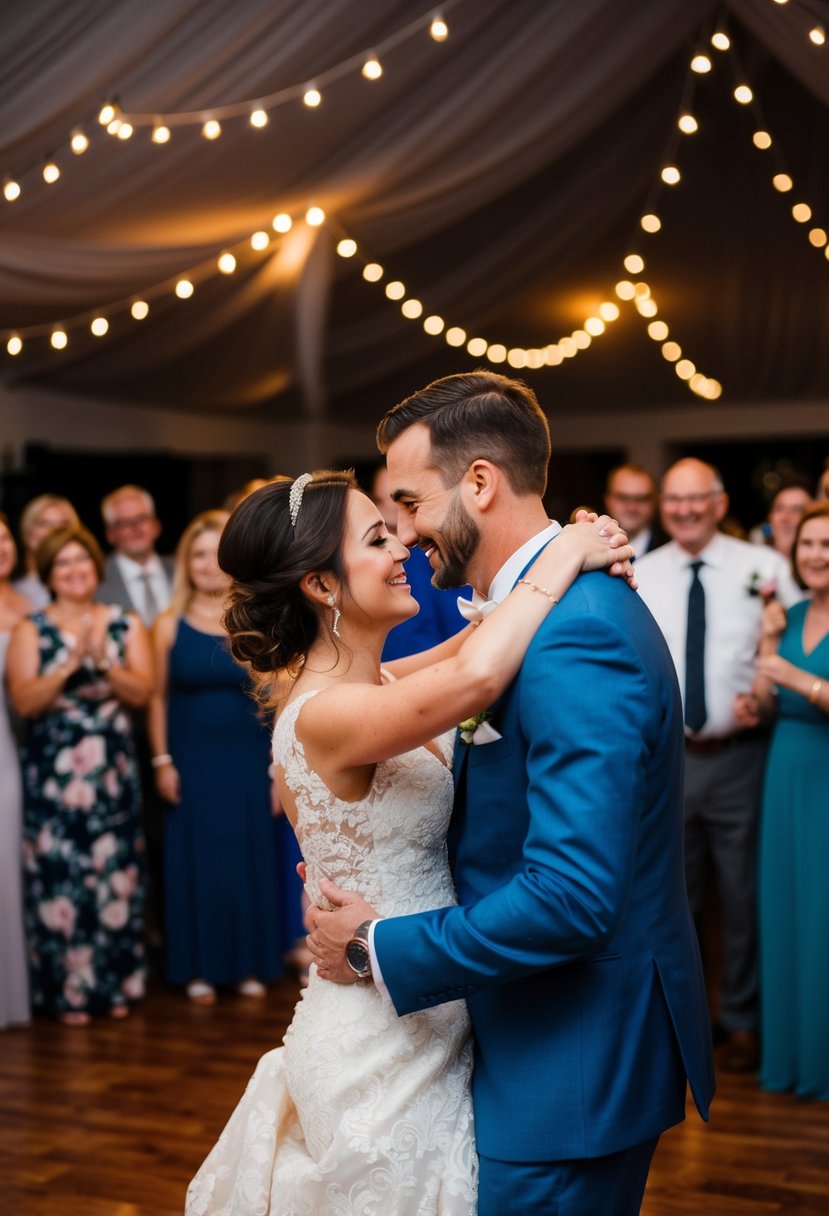 A couple dances to a special song at their second wedding, surrounded by friends and family