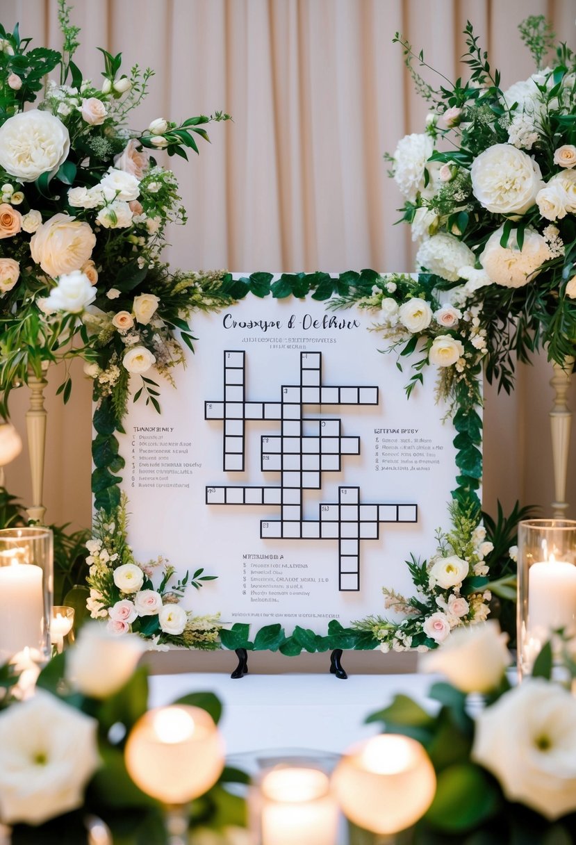 A beautifully decorated crossword puzzle with wedding-related clues and patterns, surrounded by elegant floral arrangements and romantic lighting