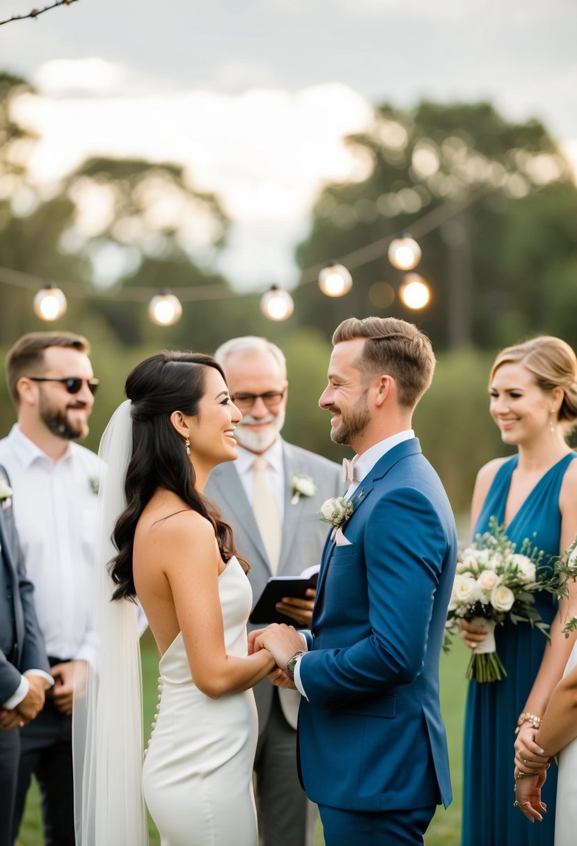 A couple exchanging vows in a non-traditional setting, surrounded by friends and family in a relaxed and flexible atmosphere