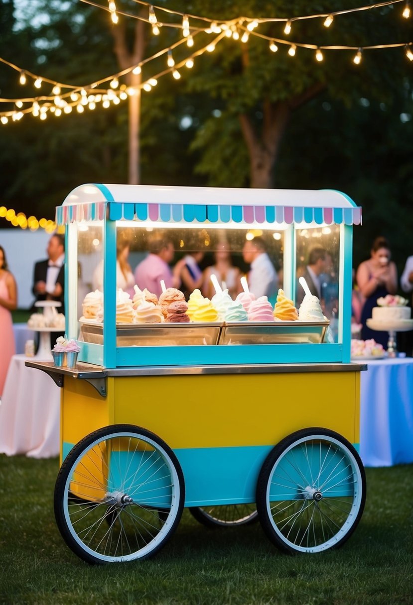 A colorful ice cream cart illuminated by string lights at a summer wedding reception, with a variety of frozen treats on display