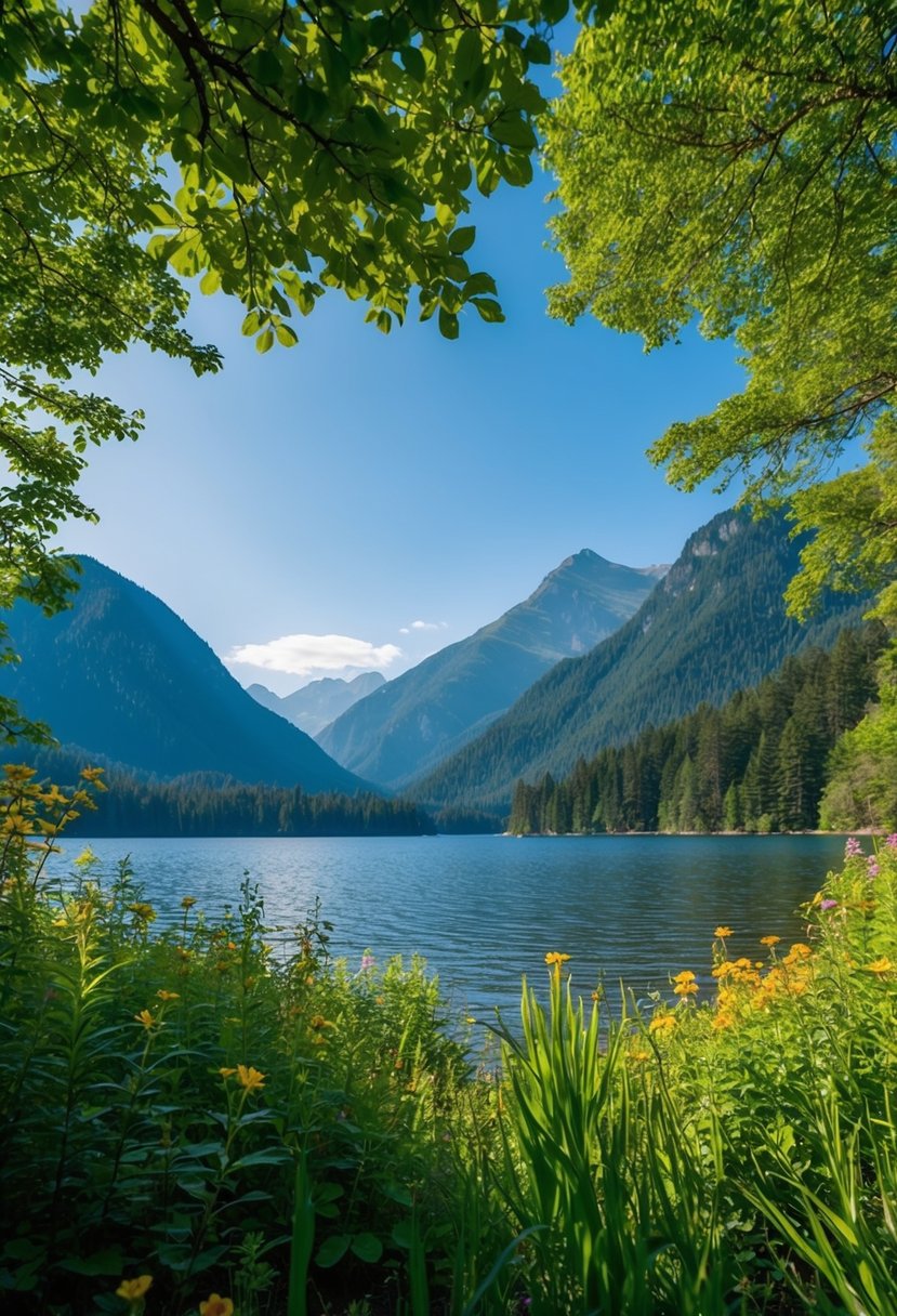 A serene lakeside with lush greenery and colorful wildflowers, framed by towering mountains under a clear blue sky