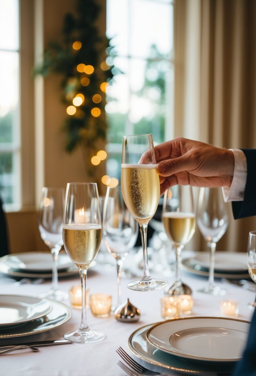 A table set with elegant dinnerware and a champagne glass raised in a celebratory toast