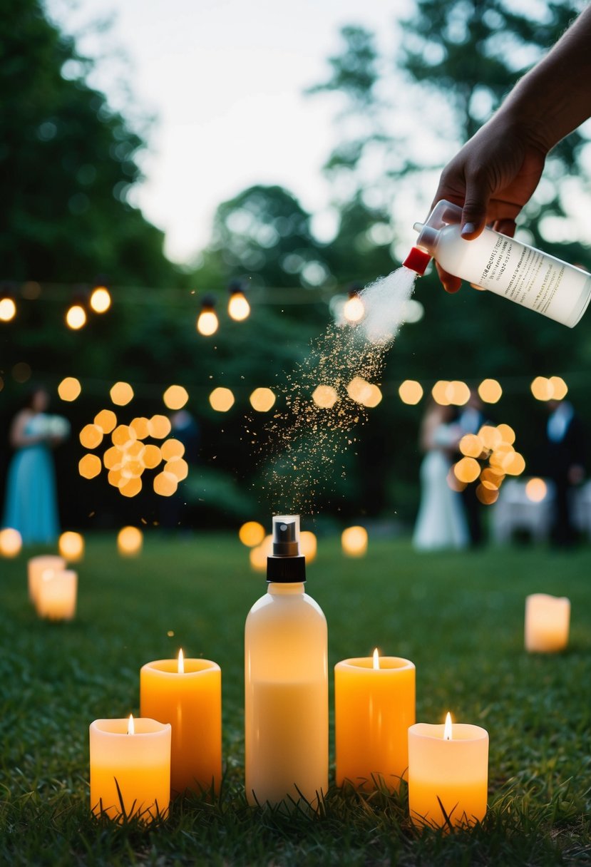 A garden wedding with candles and sprays repelling bugs