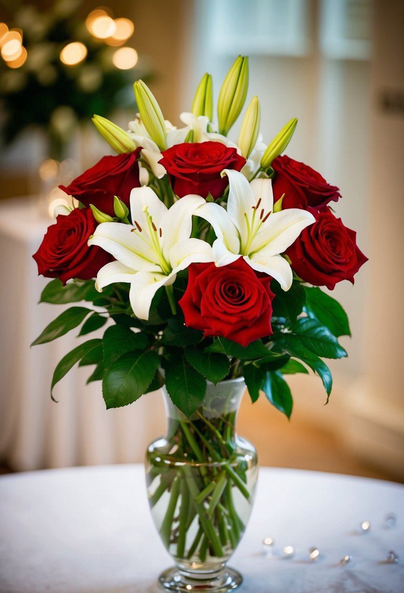 A vase of red roses and white lilies sits on a table, symbolizing love and purity for a second wedding