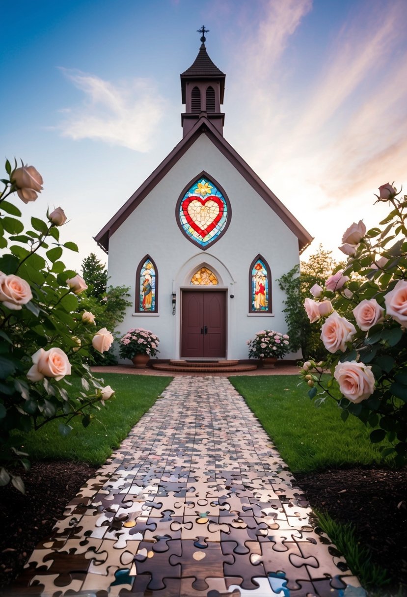 A quaint chapel with a heart-shaped stained glass window, surrounded by blooming roses and a path of scattered puzzle pieces