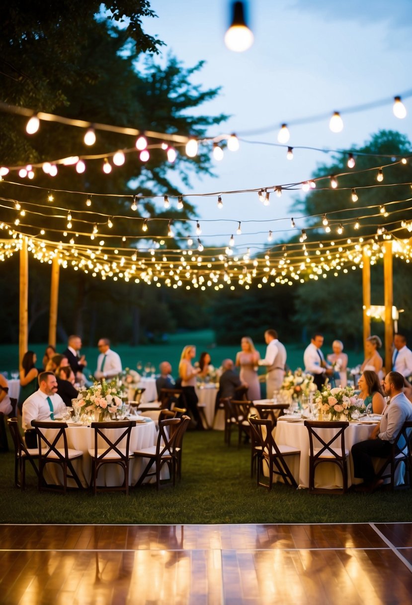 String lights illuminate an outdoor dance floor at a summer wedding. Tables are adorned with floral centerpieces as guests enjoy the warm evening