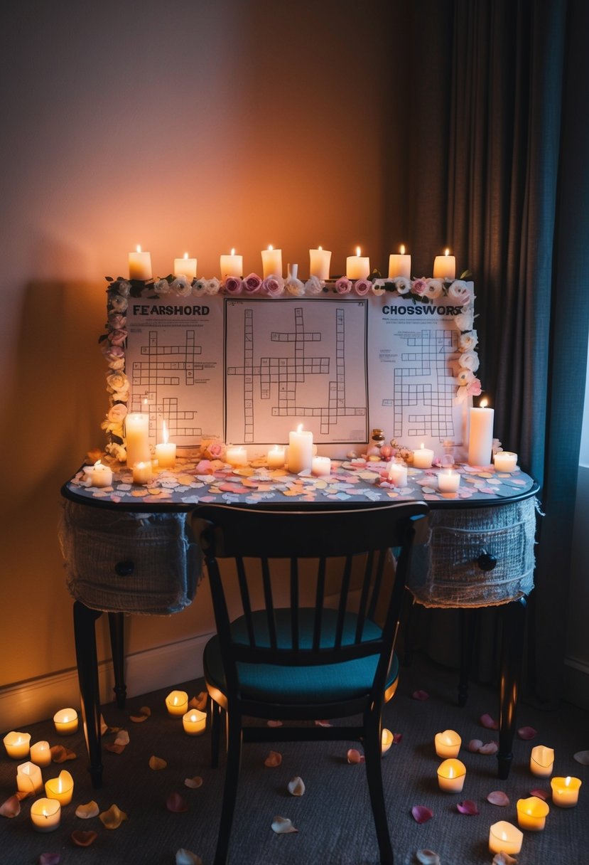 A cozy, candlelit room with a vintage desk covered in wedding-themed crossword puzzles, surrounded by scattered rose petals and flickering tea lights