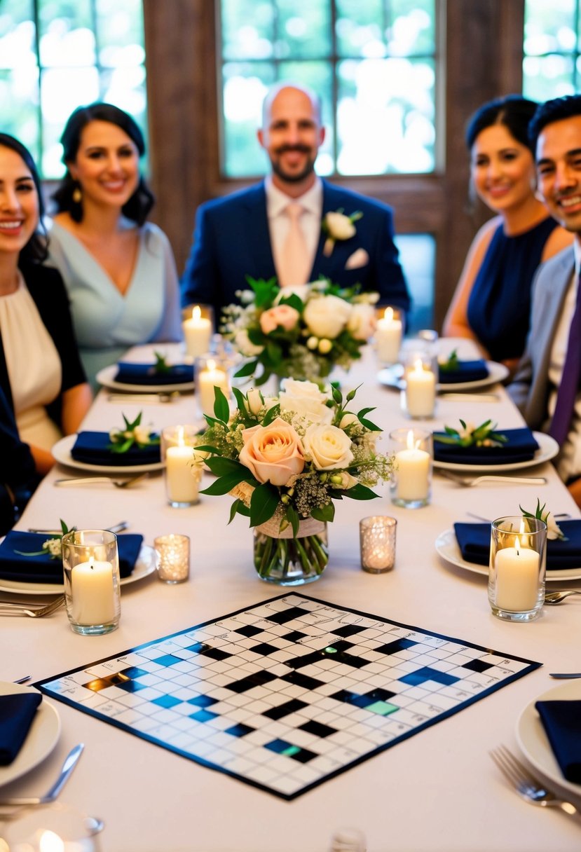 A table set with a wedding-themed crossword puzzle, surrounded by smiling guests and adorned with flowers and candles