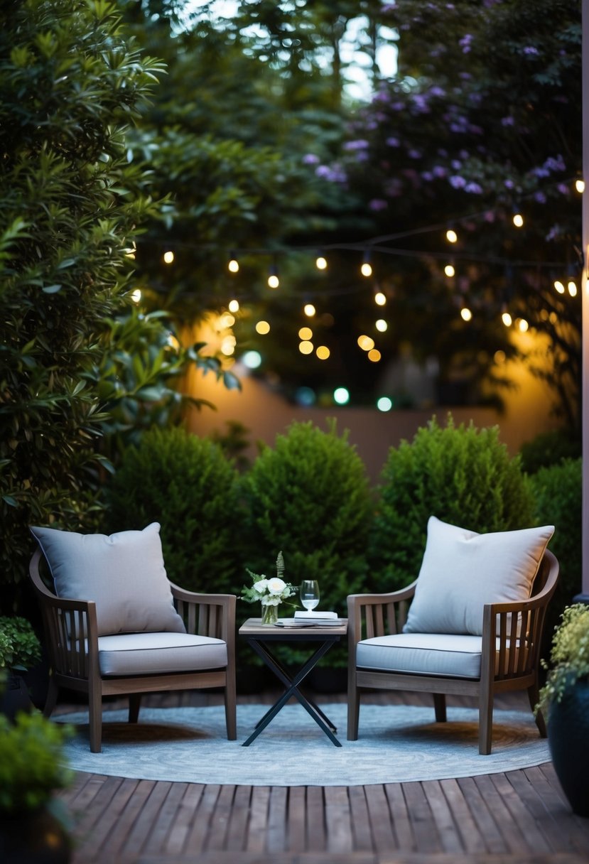 A cozy outdoor seating area with cushioned chairs and a small table set for two, surrounded by lush greenery and soft ambient lighting