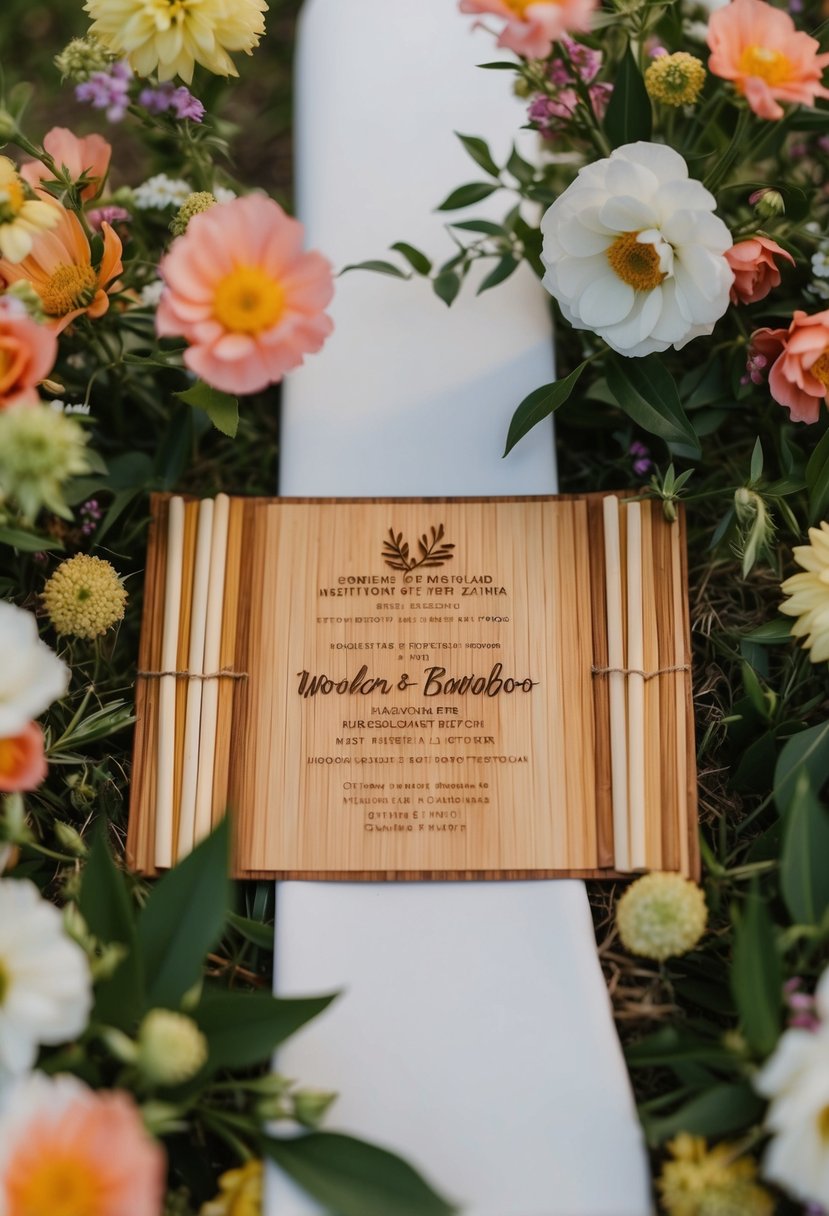 A wooden or bamboo invitation surrounded by summer flowers and foliage