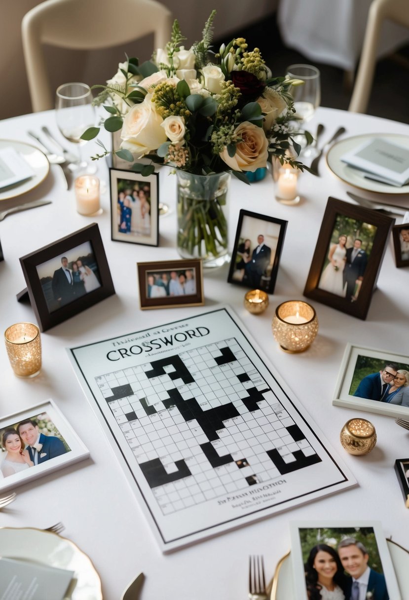 A table set with a wedding crossword puzzle, surrounded by family photos and mementos