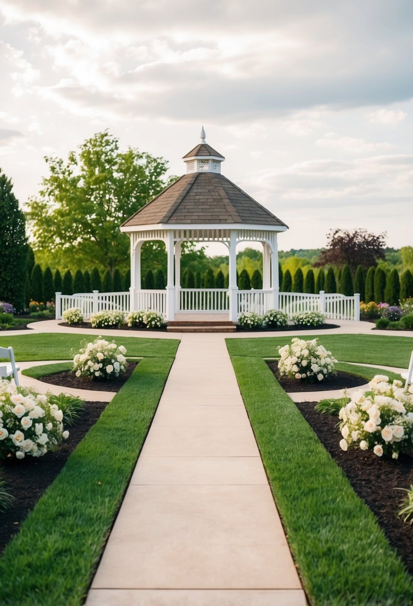 A picturesque outdoor wedding venue with a gazebo, blooming flowers, and a winding path