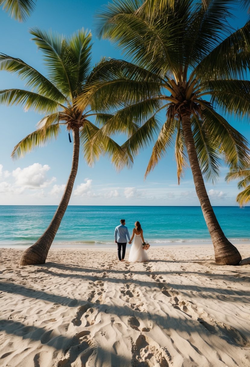 A tropical beach with palm trees, a sparkling ocean, and a couple's footprints in the sand