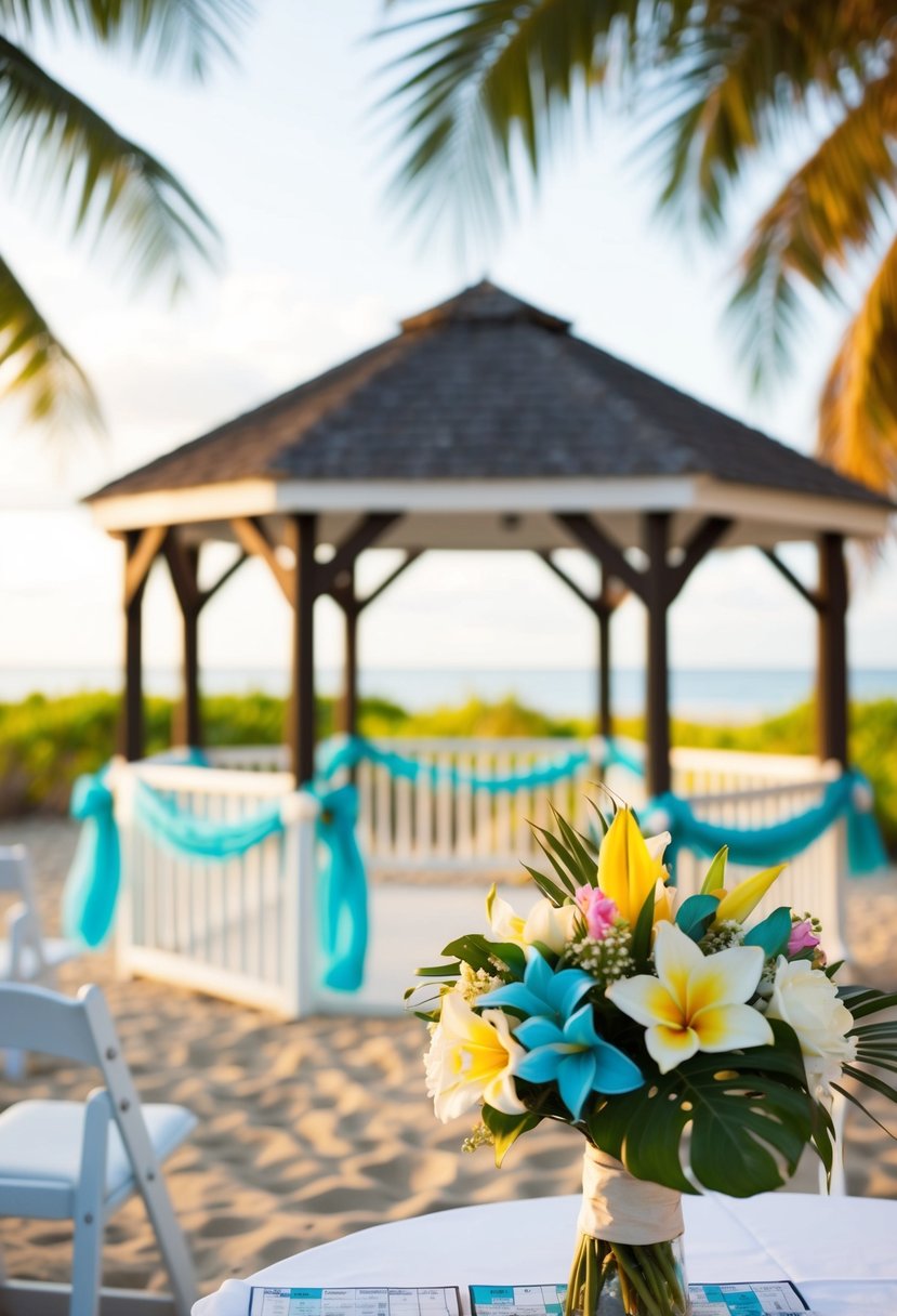 A beach wedding with tropical flowers, a gazebo, and a crossword puzzle theme