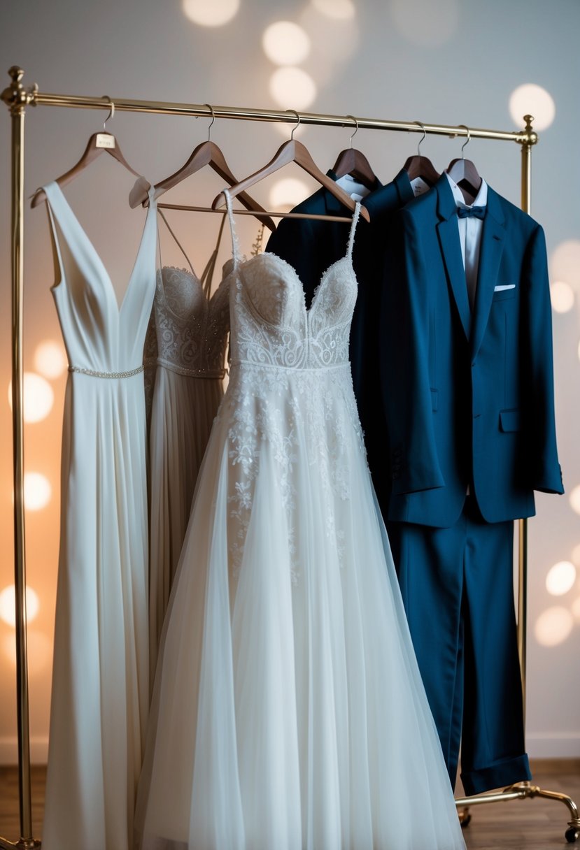 A rack of elegant pre-wedding attire, including a flowing white gown and a sharp tailored suit, set against a backdrop of soft, romantic lighting