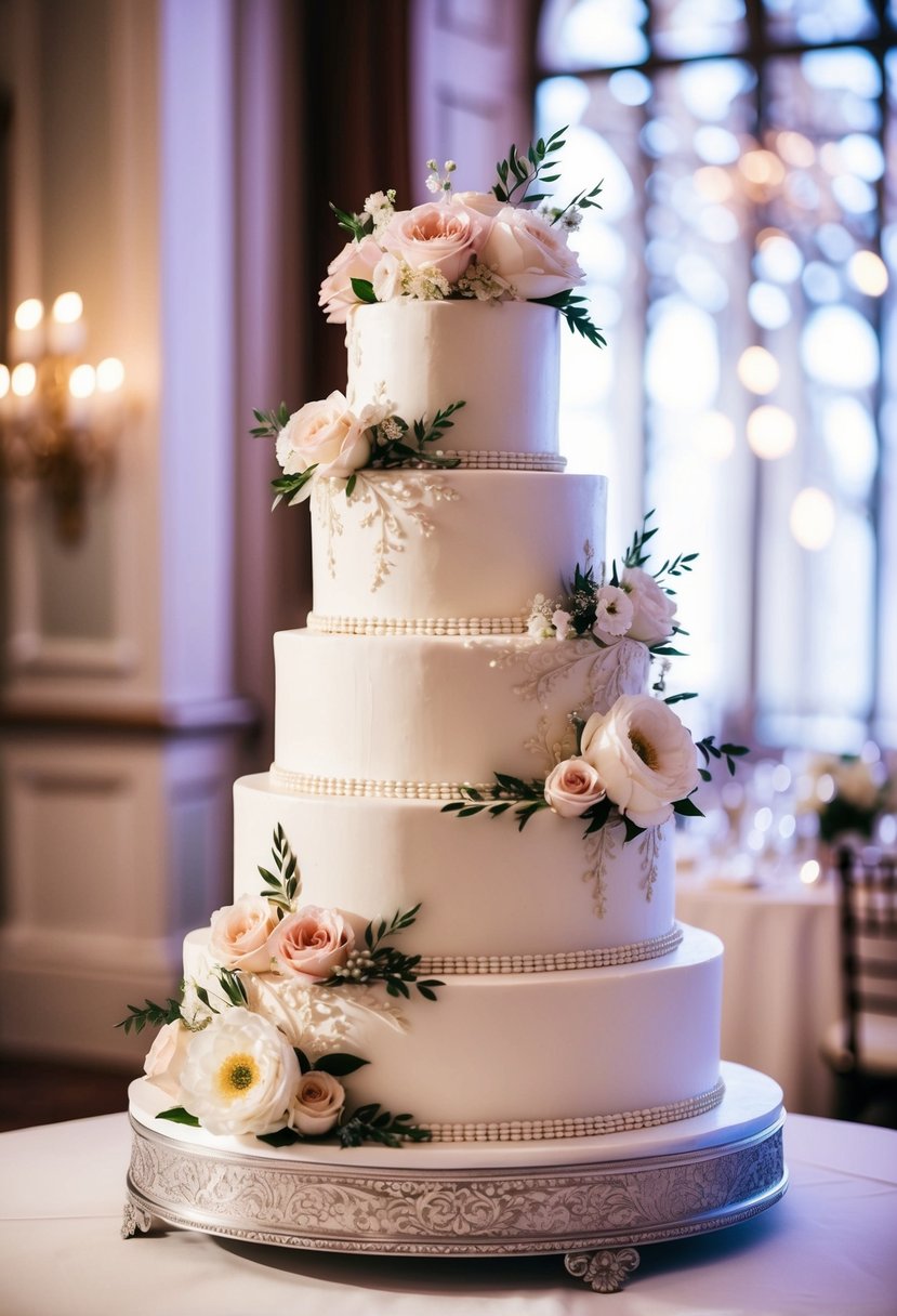 A grand four-tier wedding cake adorned with intricate floral designs and elegant details