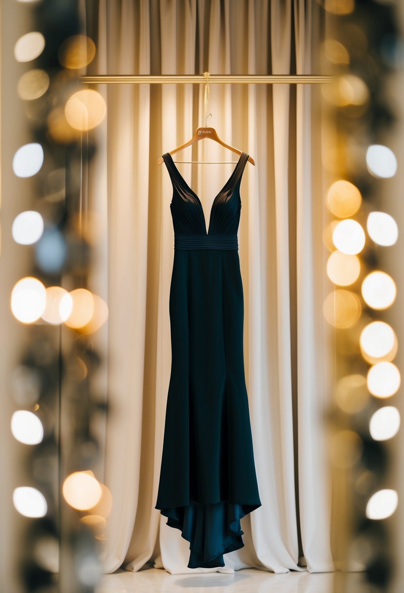 A sleek black evening gown hangs on a golden hanger, surrounded by soft lighting and luxurious fabrics