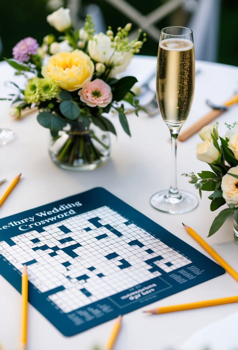 A table set with a wedding-themed crossword puzzle, surrounded by pencils, flowers, and a celebratory glass of champagne