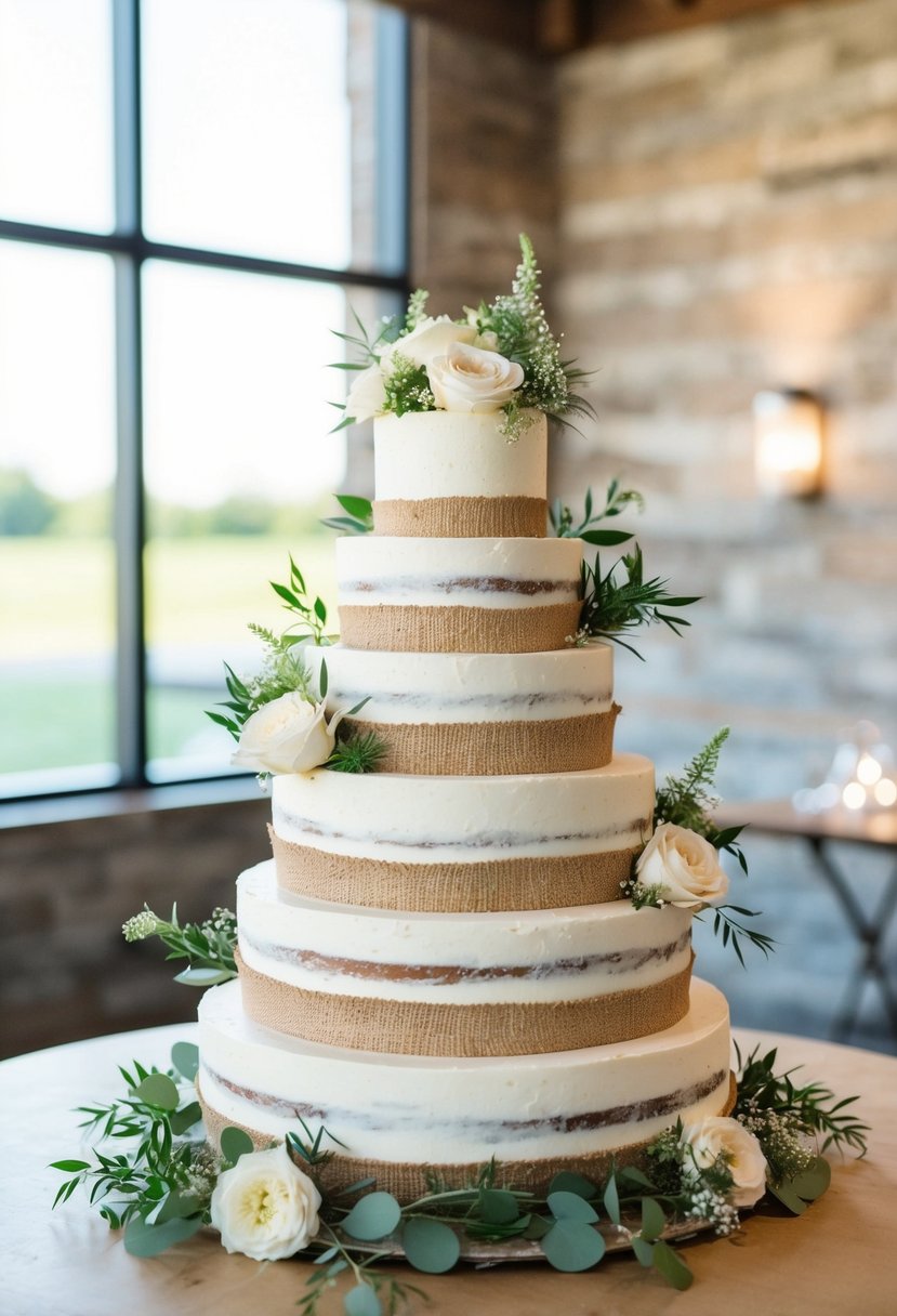 A four-tiered wedding cake with rustic charm and burlap details, adorned with delicate flowers and greenery